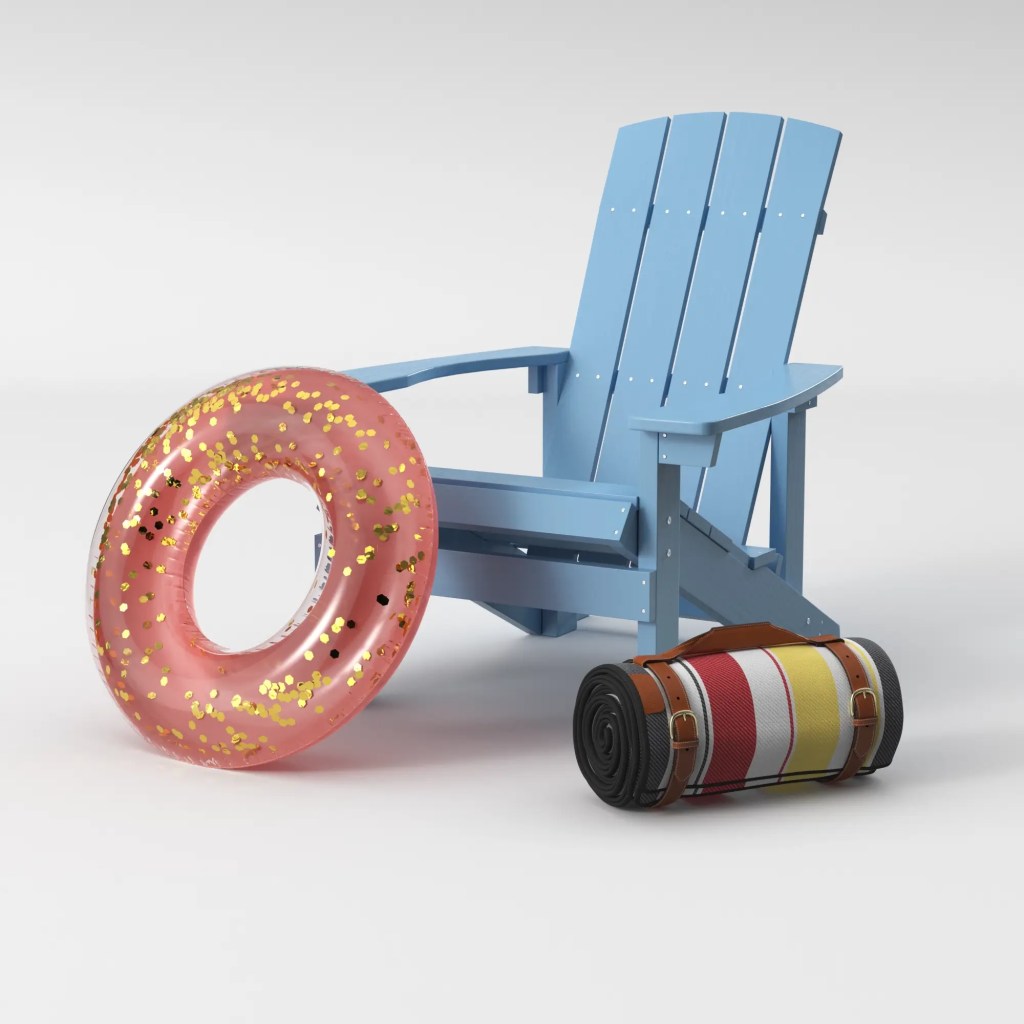 Adirondack chair, glittery pool float, and rolled-up picnic blanket with straps